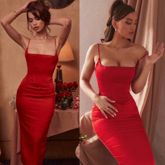 House of CB Anais Satin Corset Dress Red scarlet Size S midi NWOT - Picture 12 of 12